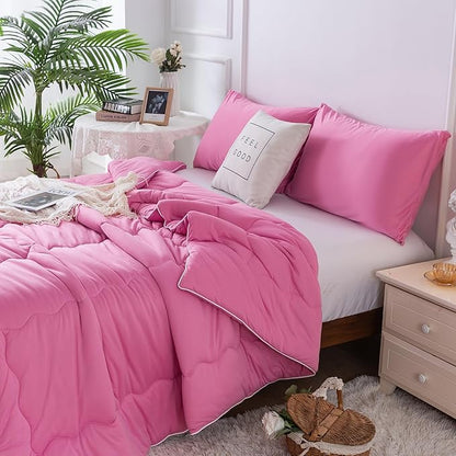 COTTEBED Softness Comforter Set KING Size Bed, Jersey Knit T-Shirt Feel Ultra-Soft Breathable Comy Cozy Lightweight Bedding Down Blanket Pillowsham Women Girl All Season, California/Cal King Rose Pink