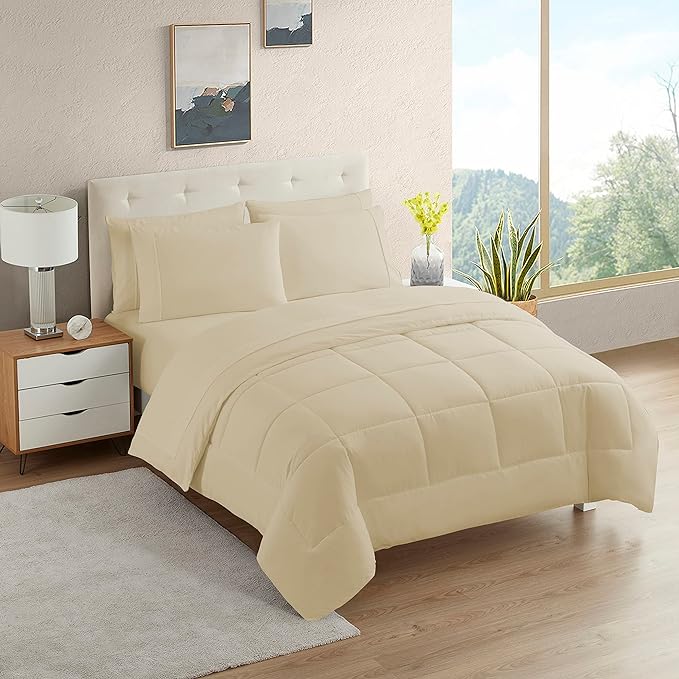 Dorm Room Essentials College Bedding Comforter Set 5 Piece Twin XL Size Bed in a Bag for College Students Boys and Girls, Twin XL, Cream/Beige