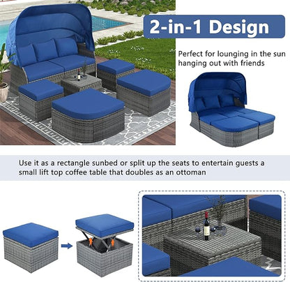 Rectangle Furniture Daybed Sunbed with Retractable Canopy, Outdoor Wicker Conversation Set with Cushions for Patio, Backyard, Porch, Garden, Onesize, Bb-Blue