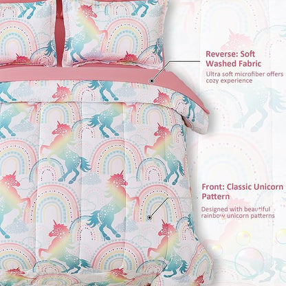 Queen Comforter Set for Girls, 7 Pieces Bed in a Bag, Colorful Unicorn Bedding Comforter Sheet Set, Ultra Soft and Fluffly, Pink & Rainbow Color, Colorful Bed in a Bag for Girls
