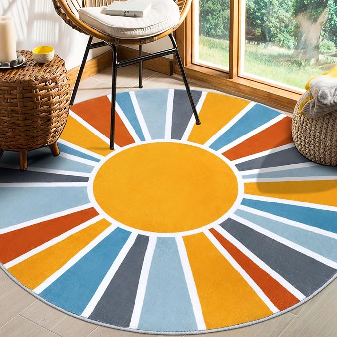 Topotdor Sun Rainbow Round Rug 4ft Boho Kids Nursery Rug, Colorful Washable Area Rug Ultra Soft Circle Classroom Rug Non-Slip for Bedroom Living Room Playroom Decor, Blue
