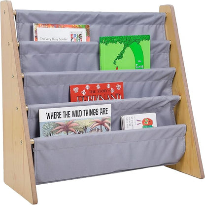 Wildkin Kids Canvas Sling Bookshelf for Boys and Girls, Wooden Design Features Four Fabric Shelves, Keep Bedrooms, Playrooms, and Classrooms Organized, Measures 25 x 24 x 11 Inches (Natural w/ Gray)