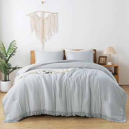 Andency Light Grey Comforter Set Full Size, 3 Pieces Boho Tassel Lightweight Bedding Comforter Sets, All Season Soft Fluffy Fringe Bed Set (79x90In Comforter & 2 Pillowcases)