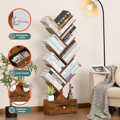 8 Tier Tree Bookshelf with Drawer, Free Standing Wood Bookcase for Narrow Space, Storage Organizer Bookshelves for Books, Book Case for Home Office, Living Room, Bedroom, Rustic Brown
