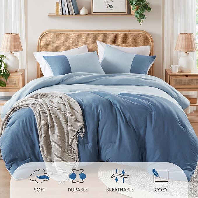Blue Full/Queen Comforter Set - Modern Soft Farmhouse Comforter Sets for Men, Masculine Colorblock Pattern Bedding Set for All Season, 3 Pieces includes 1 Comforter, 2 Shams (90"x 90")