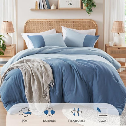 Blue Full/Queen Comforter Set - Modern Soft Farmhouse Comforter Sets for Men, Masculine Colorblock Pattern Bedding Set for All Season, 3 Pieces includes 1 Comforter, 2 Shams (90"x 90")