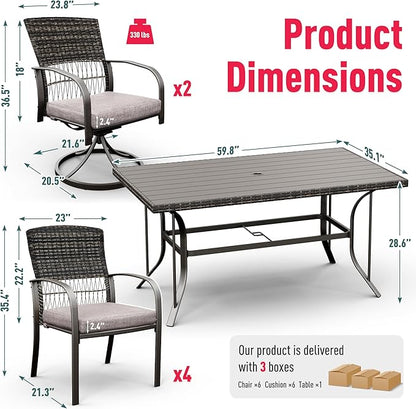 Pamapic 7 Piece Patio Dining Set for 6,Outdoor Wicker Furniture Set for Backyard Garden Deck Poolside with 4 Dining Chairs and 2 Swivel Rockers,Iron Slats Table Top, Removable Cushions(Gray)