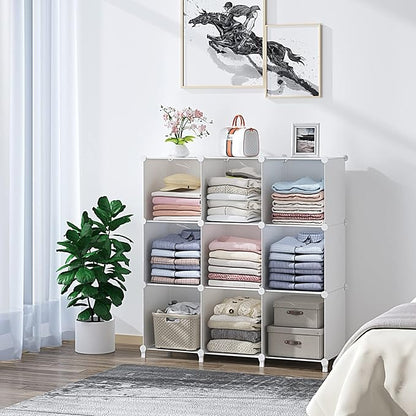 FUNLAX Cube Storage Shelf, 9 Storage Cubes Closet Organizers and Storage Portable Cube Storage Organizer Plastic Bookshelf Bookcase for Study Room, Bedroom, Office, White