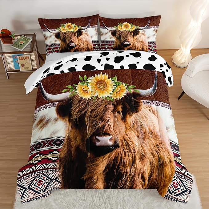 HOSIMA Highland Cow Decor Comforter with 2 Pillowcases,Animal Theme Western Bedding Sets Queen,Brown Cowhide Black White Cow Print Comforter Set for Adults Kids,Sunflower Comforter.