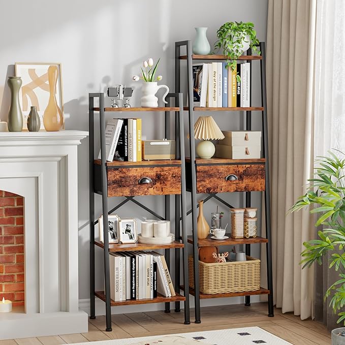 Furologee 5 Tier Ladder Shelf with Drawer, Tall Bookshelf Storage Shelves, Bookcase Standing Shelf Units, Industrial Open Display Shelves Organizer for Bedroom, Living Room, Kitchen, Rustic Brown…