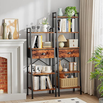 Furologee 5 Tier Ladder Shelf with Drawer, Tall Bookshelf Storage Shelves, Bookcase Standing Shelf Units, Industrial Open Display Shelves Organizer for Bedroom, Living Room, Kitchen, Rustic Brown…