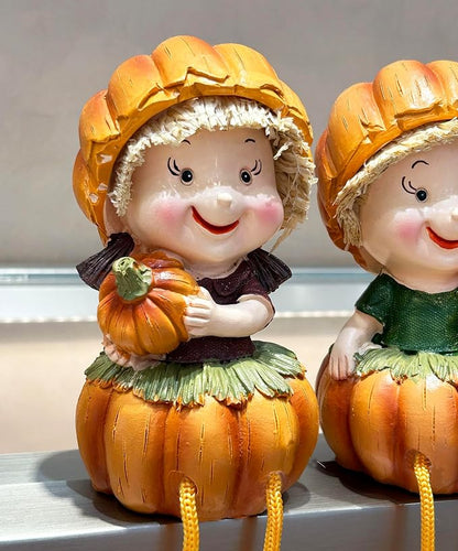 KiaoTime Fall Thanksgiving Scarecrow Pumpkin Shelf Sitters with Dangling Legs Decoration, Set of 2 Fruit Harvest Sculpture for Window Sill Kitchen Tabletop Autumn Home Decoration