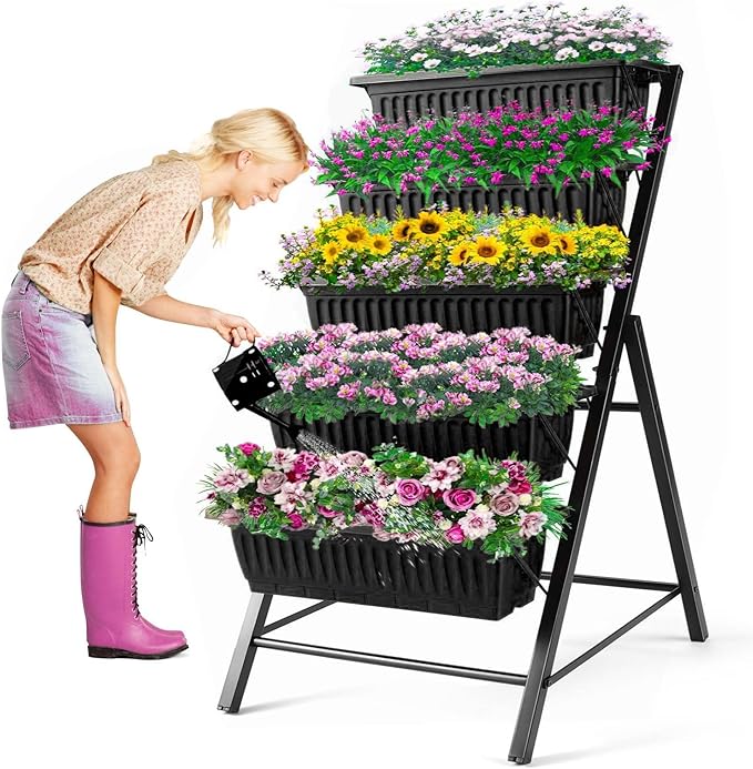 Homdox 3.74FT Vertical Garden Bed, 5 Tiers Vertical Raised Garden Planter, 23 * 26 * 45Inch Outdoor Garden Raised Bed with 4 Hooks, Vegetable Flower Planter Raised Stand for Garden Patio Yard, Black
