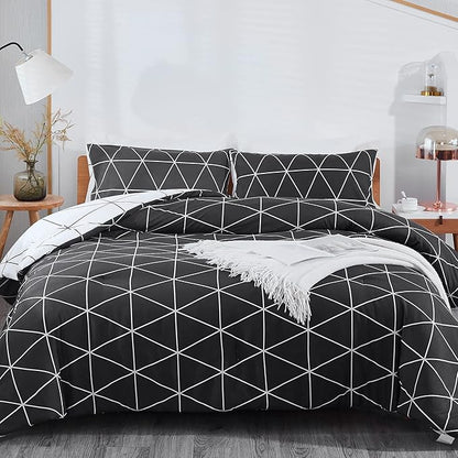 Black & White Comforter Bed in a Bag Queen for Kids Adults, 3Pcs Reversible Geometric Bedding Set with 2 Pillow Shams for All Seasons (Queen,90x90inches)