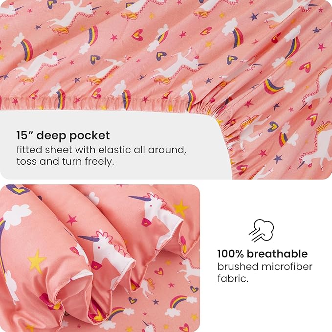 Mooreeke Full Size Comforter Sets for Girls Kids, 8 Pieces Bed in a Bag Pink Unicorn Rainbow Bedding Comforter Sheet Set with Shams and Decorative Toy Pillow, Ultral Soft Microfiber Kids Bed Set