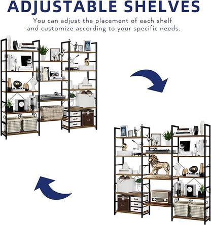 NUMENN Triple Wide 5 Tier Bookshelf, Rustic Industrial Style Bookcases with 14 Open Display Shelves, Modern Tall Bookcase Furniture for Bedroom, Living Room and Home Office, Vintage