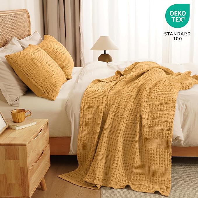 PHF 100% Cotton Waffle Weave Throw Blanket, Soft Lightweight Breathable Cozy Summer Throws for Couch Bed Sofa, Luxury Aesthetic Woven Blanket for Home Decor & Office, 50"x60", Ginger/Honey Yellow