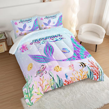 HOSIMA Mermaid Tail Comforter Set for Kids Girls Teens Bedroom Decor,Cartoon Scallop Sea Turtle Sea Horses Octopus Kawaii Bedding Set Mermaid Fish Scale King Size Comforter Set.Ocean Comforter