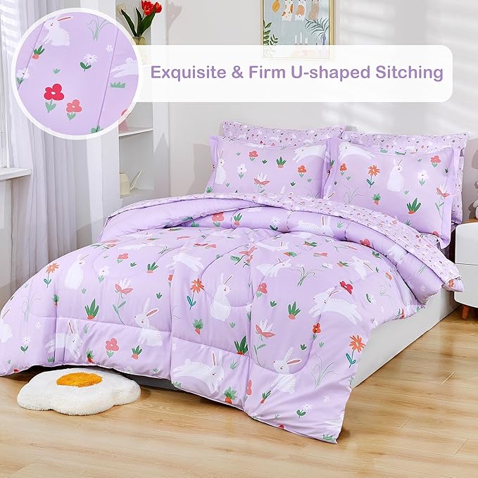 Mooreeke Bed in a Bag for Kids Girls Teens, 5 Pieces Twin Size Comforter Bed Set with Shams, Sheet Set, Rabbit Purple Super Soft Microfiber Kids Comforter Bedding Set
