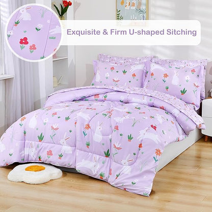 Mooreeke Bed in a Bag for Kids Girls Teens, 5 Pieces Twin Size Comforter Bed Set with Shams, Sheet Set, Rabbit Purple Super Soft Microfiber Kids Comforter Bedding Set