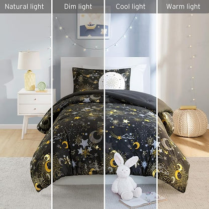 Mi Zone Kids Twin Comforter Set, Celestial Metallic Comforter Set Starry Sky, Moon & Sun Comforter, All Seasons Lightweight & Fluffy Comforter Bed Set, 1 Sham, Celia, Twin Charcoal/Gold 3 Piece