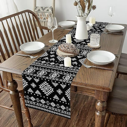 Feelyou Khaki Southwestern Aztec Table Runner Western Bohemian Kitchen Dining Decoration for Home Party 13x108 Inch Geometric Vintage Home Decor for Living Room Boho Tribal Black and White