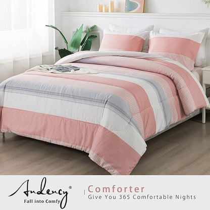 Andency Stripe Comforter Set Twin Size (66x90 Inch), 2 Pieces Pink Patchwork Striped Comforter, Soft Microfiber Down Alternative Comforter Bedding Set with Corner Loops