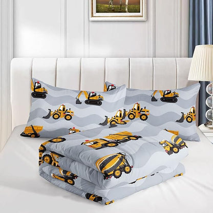 Datura home Construction Truck Comforter Set for Boys Kids Children,Grey Machinery Truck Excavators Vehicles Cartoon Tractor Bedding with 1 and 2 Pillowcases(Truck Grey Twin), Twin 68x86inches