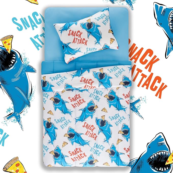 SLEEP ZONE Jersey Knit 2-Piece Twin Size Comforter Set, Blue Shark Design for Boys, Skin-Friendly and Breathable, Super Soft, Durable, Comfortable Kids Bedding Set（Sharks, Twin）