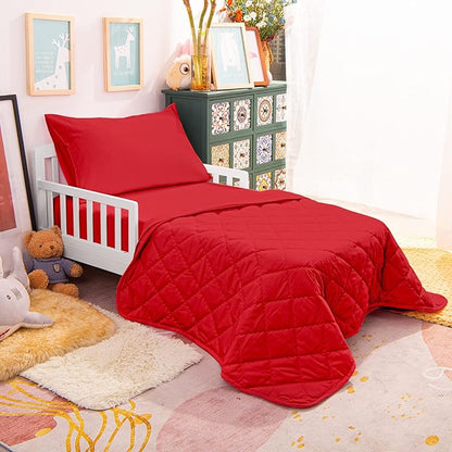 NTBAY Toddler Bedding Set - 4 Piece Soft and Breathable Crib Bedding Set for Boys and Girls, Includes Quilted Comforter, Fitted Sheet, Flat Top Sheet and Envelope Pillowcase, Wine Red
