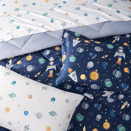 Kids Bedding Set for Boys, Twin Size 5 Pieces Space Themed Bed in a Bag, Super Soft Lightweight Microfiber Comforter Set with Sheets, Hotel Quality Durable Children Bed Set