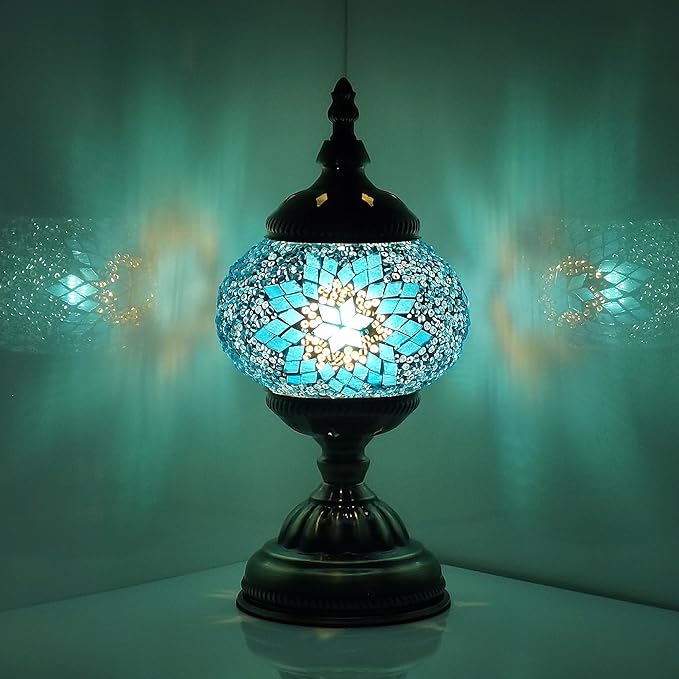 Turkish Mosaic Lamp Bohemian Tiffany Style Stained Glass Bedside Lamp for Bedroom (Blue)