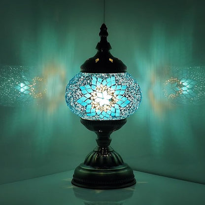 Turkish Mosaic Lamp Bohemian Tiffany Style Stained Glass Bedside Lamp for Bedroom (Blue)
