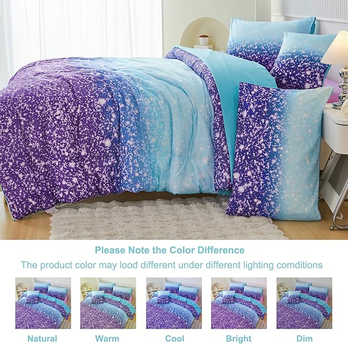 PERFEMET 6Pcs Full Size Comforter Sets for Girls Blue Purple Ombre Rainbow Kids Bedding Set Colorful Tie Dye Glitter Teen Girls Bedroom Decor Bed in A Bag