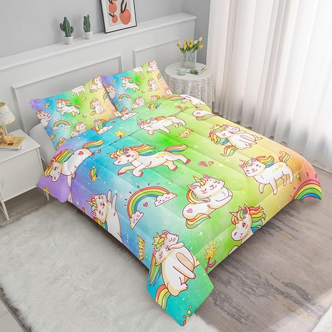 Datura home Kids Unicorn Comforter Set for Girls Boys,Kawaii Rainbow Unicorn Printed Pattern Rainbow Kawaii Bedding Set with 2 Pillowcases(Rainbow Unicorn Queen)
