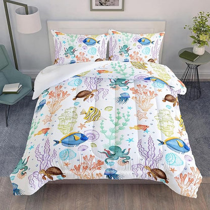 Turtle Comforter Set Queen Ocean Watercolor Sea Turtle Bedding Set Tropical Fish Marine Life Bed Set with 2 Pillowcases for Kids Room Decor