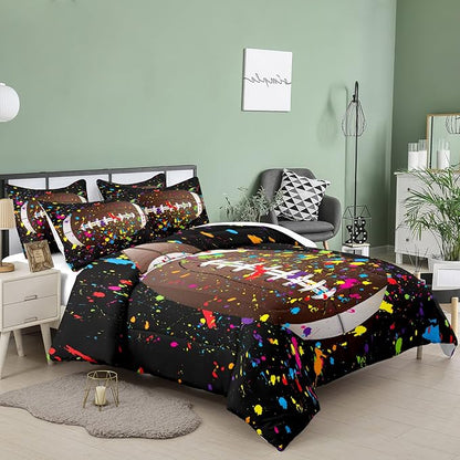 Tailor Shop Football Comforter Set for Boys Teens Kids Black Splash Ink Colorful Sports Football Bedding Set Queen Size with 1 Comforter 2 Pillow Shams……