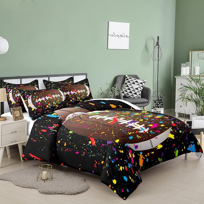 Tailor Shop Football Comforter Set for Boys Kids Teens 3D Colorful Splash Ink Football Sports Bedding Set Full Size with 1 Comforter 2 Pillow Shams……
