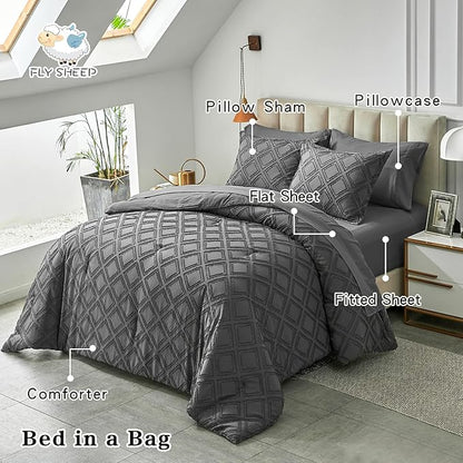 7 Pieces Tufted Bed in a Bag Queen Comforter Set with Sheets Dark Grey, Soft and Embroidery Shabby Chic Boho Bohemian, Solid Color with Diamond Pattern, Jacquard Tufts Bedding Set for All Season