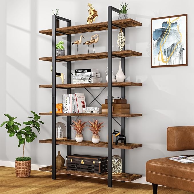 FRAPOW Bookshelf, 6 Tier Book Shelf 83Inch Tall Bookcase, Industrial Large Bookshelves Rustic Book Case with Open Metal Frame for Office, Bedroom, Farmhouse, Living Room