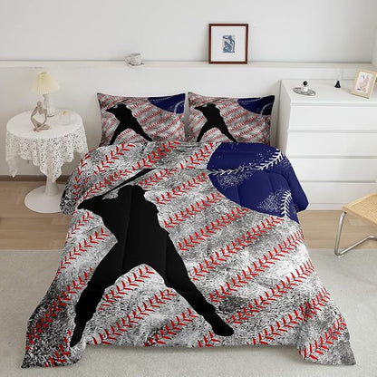 Erosebridal Baseball Comforter Set Twin for Boys Teen Baseball Athlete Bedding Set Kids Ball Games Sports Bed Comforter Sets Sport Baseball Quilt Duvet 1 Pillow Case Retro Red Dark Blue White