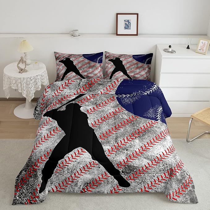 Erosebridal Baseball Comforter Set Queen for Boys Teen Baseball Athlete Bedding Set Kids Ball Games Sports Bed Comforter Sets Sport Baseball Quilt Duvet 2 Pillow Cases Retro Red Dark Blue White