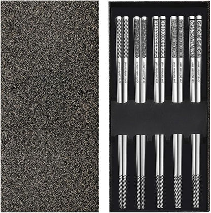 Metal Chopsticks Reusable 316 Stainless Steel Chopsticks Multipack Dishwasher Safe Chop Sticks Square Fancy Laser Engraved Non-slip Korean Chopstick for Cooking Eating 9.45 Inches 5 Pairs Gift SetS