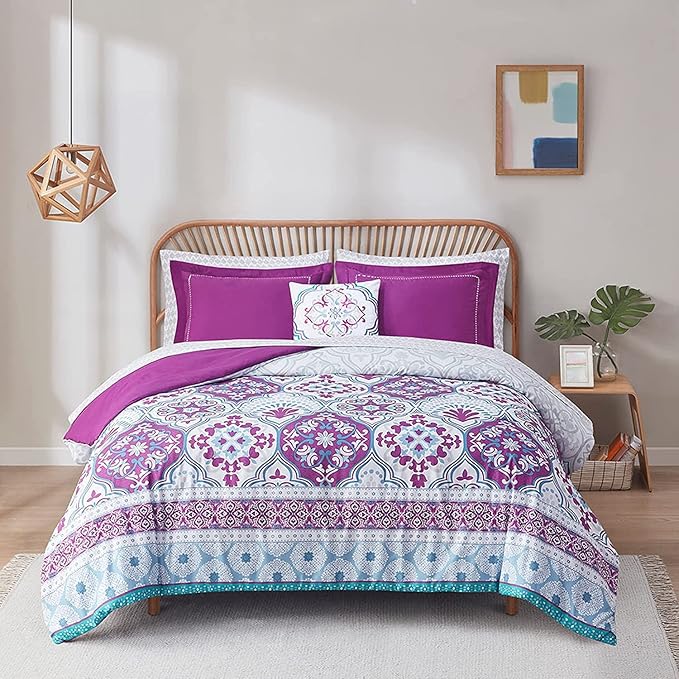 Degrees of Comfort Full Size Complete Comforter Sets, Lattice Boho Bed in A Bag,Microfiber Bedding Set with Side Pockets, Matching Decorative Pillow, 8 Piece Purple