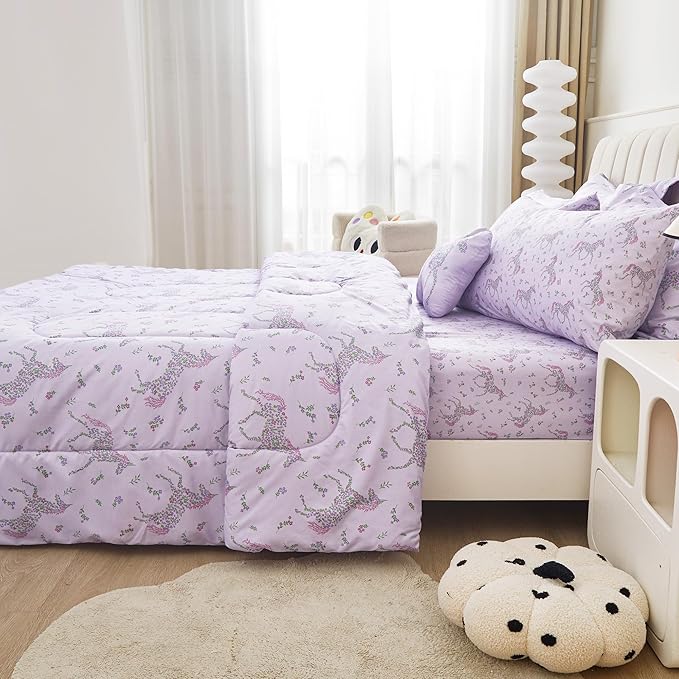 Mooreeke Twin Size Comforter Sets for Girls Kids, 6 Pieces Bed in a Bag Purple Floral Unicorn Bedding Comforter Sheet Set with Shams and Decorative Toy Pillow, Ultral Soft Microfiber Kids Bed Set