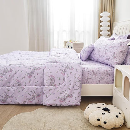 Mooreeke Twin Size Comforter Sets for Girls Kids, 6 Pieces Bed in a Bag Purple Floral Unicorn Bedding Comforter Sheet Set with Shams and Decorative Toy Pillow, Ultral Soft Microfiber Kids Bed Set