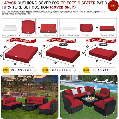 ClawsCover 14Pack Outdoor Seat and Back Cushions Replacement Covers Fit for 7Pieces 6-Seater Wicker Rattan Patio Furniture Set Sectional Couch Chair,Red-Include Cover Only (Small)