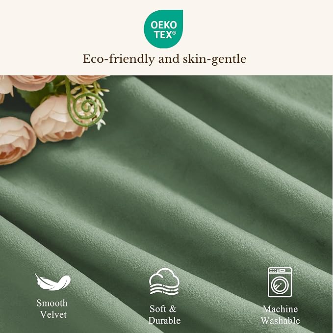 Velvet Window Valance 52x18 Inch 4-Panel Set | Soft Wavy Sage Green Kitchen Curtains for Windows, Luxury Fabric Aesthetic Window Treatment for Bay Window, Living Room