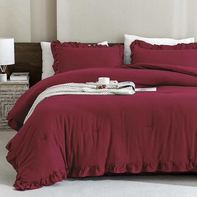 Andency Burgundy Twin Size Comforter Set for Kids Girls, 2 Pieces Solid Shabby Chic Ruffle Bedding Comforters & Sets, Soft Cozy Lightweight Down Alternative Twin Bed Set for All Season