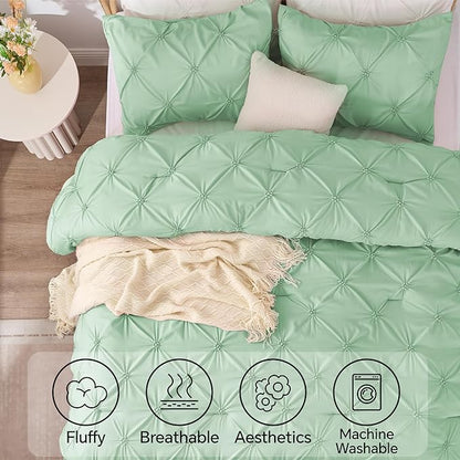 BEDELITE Green King Size Comforter Set - 3 Pieces Boho Pintuck Bedding Comforter Sets, Lightweight Soft & Warm King Bedding Set with 2 Pillowcases for All Season